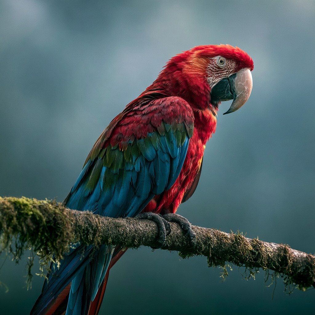 Scarlet macaw perched on a mossy branch in a tropical rainforest