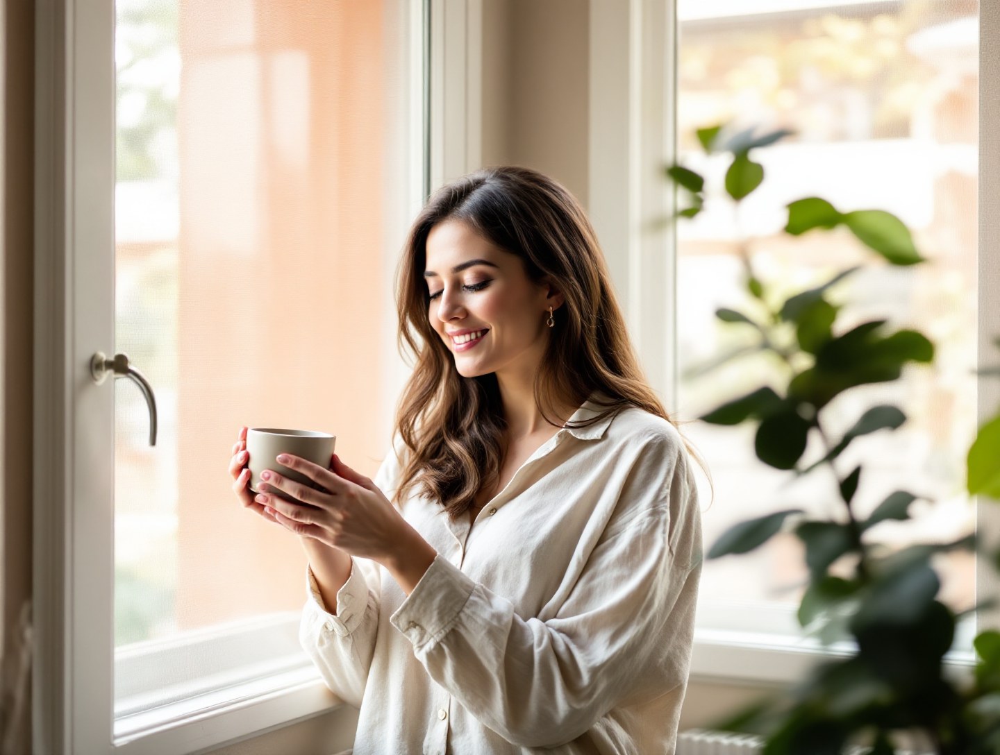 A woman holding a cup beside a window